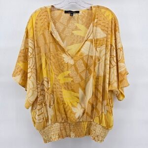 White House Black Market Top Large Yellow Floral Batwing Sleeve Smocked Hem